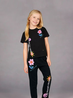 CHERRY CRUMBLE BY NITT HYMAN - Girls Black Floral Printed Summer T-shirt & Pyjama