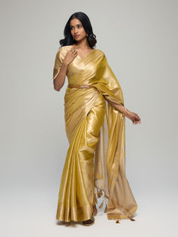 Gajra Gang - Yellow Shimmer Organza Saree with Unstitched Blouse Boho Naari