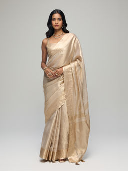 Gajra Gang - Beige Shimmer Organza Saree with Unstitched Blouse Boho Naari