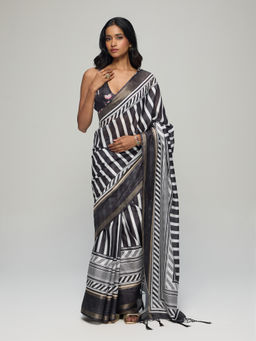 Gajra Gang - Black Poly Stripe Saree with Unstitched Blouse Chalk & Slate
