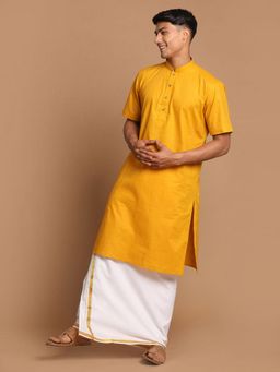 Vastramay - Mens Mustard & White Cotton Linen Kurta with Mundu (Set of 2)