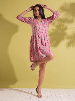 Globus - Women Pink V-Neck Puff Sleeves Paisley Print Lace Insert A-Line Fusion Dress