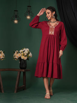 Globus - Women Maroon Embroidered V-Neck Bishop Sleeves A-Line Midi Festive Dress