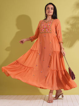 Globus - Women Orange Floral Embroidered Yoke Georgette A-Line Maxi Fusion Dress