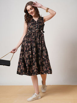 Globus - Women Black V-Neck All-Over Floral Printed Midi Fit and Flare Dress with Belt
