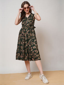 Globus - Women Green V-Neck All-Over Floral Midi Fit and Flare Fusion Dress with Belt