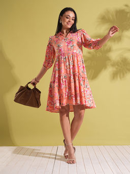 Globus - Women Coral Floral Print Shirt Collar Puff Sleeves Knee Length Fusion Dress