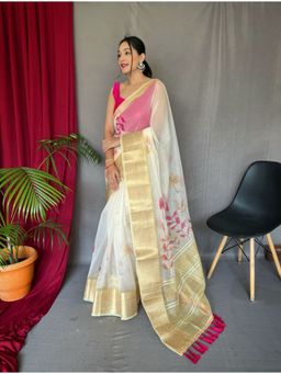 EXCLUSIVA - Off White Organza Pichwai Print Saree with Unstitched