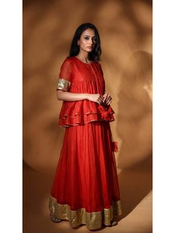 Rhua India - Nidhi Burnt Orange Embroidered Short Kurta with Skirt and Dupatta