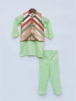 Fayon Kids - Sequins Embroidery Jacket with Green Kurta and Pants (Set of 3)
