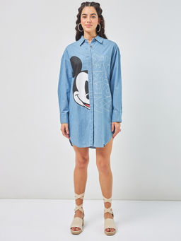 Bewakoof - Official Disney Women's Blue Mickey Graphic Printed Super Loose Fit Shirt Dress
