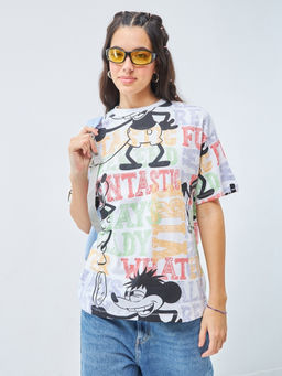 Bewakoof - Official Disney Women's White All Over Printed Oversized T-Shirt