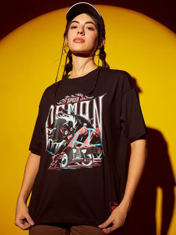 Bewakoof - Women's Black Speed Demon Graphic Printed Oversized T-shirt
