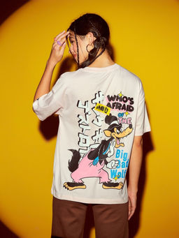 Bewakoof - Official Disney Women's Pink Big Bad Wolf Graphic Printed Oversized T-shirt