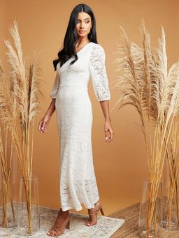 Styli - White V Neck 3/4 Sleeves Lace Overlay Maxi Dress