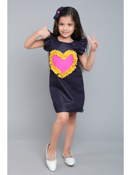 Pink Chick - Girls Cotton Navy Blue Heart A-Line Dress with Matching Clip