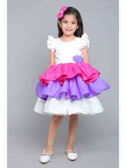 Pink Chick - Girls White Cotton Frill Sleeves Layered Dress With Matching Clip