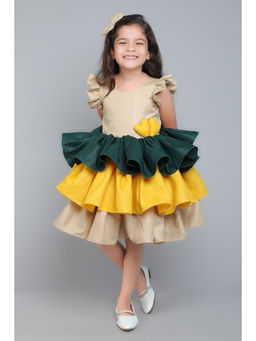 Pink Chick - Girls Beige Cotton Frill Sleeves Layered Dress With Matching Clip