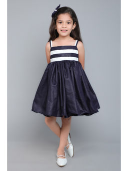 Pink Chick - Girls Navy Blue Cotton Colorblock Dress with Matching Bow Clip