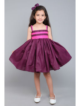 Pink Chick - Girls Burgundy Cotton Colorblock Dress with Matching Bow Clip