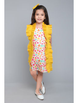 Pink Chick - Girls Cotton Yellow Heart Ruffle Detail Aline Dress with Clip