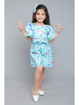 Pink Chick - Girls Cotton Blue Heart Dress with Matching Bow Clip & Belt (Set of 3)