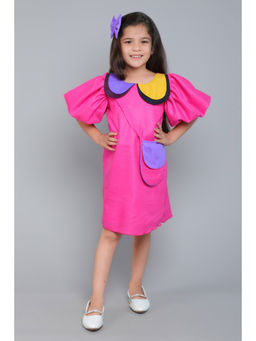 Pink Chick - Girls Cotton Pink Colorblock Dress with Sling & Bow Clip (Set of 3)