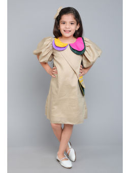 Pink Chick - Girls Cotton Beige Colorblock Dress with Sling & Bow Clip (Set of 3)