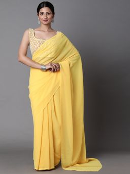 Akhilam - Womens Georgette Yellow Embellished Celebrity Saree with Unstitched Blouse