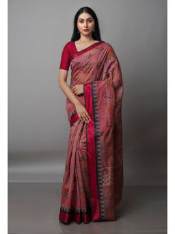 Unnati Silks - Pastel Dark Pink Block Printed Sico Saree with Unstitched Blouse