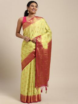 Mimosa - Women's Kanjivaram Crepe Green Saree with Unstitched Blouse