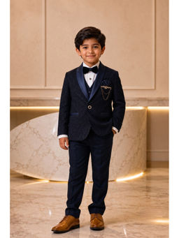 Lagorii - Navy Blue Textured Blazer Pant , Waistcoat with Shirt & Bow Tie