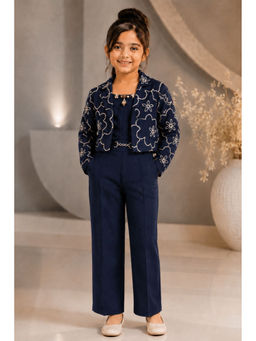 Lagorii - Navy Blue Embroidered Top Pant with Jacket