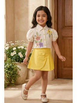 Lagorii - Yellow Floral Embroidered Collar Neck Top and Skirt