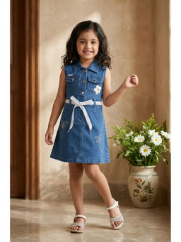Lagorii - Blue Sleeveless Floral Embroidery Dress with Belt