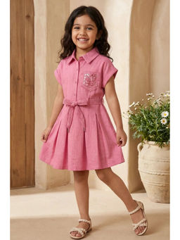 Lagorii - Pink Embroidered Fit And Flare Casual Dress with Waist Tie Belt