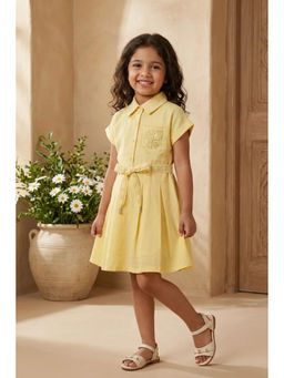 Lagorii - Yellow Embroidered Fit And Flare Casual Dress with Waist Tie Belt