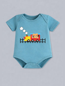 BLUSHES - Cotton Knit Half Sleeve Running Train Printed Turquoise Onesies