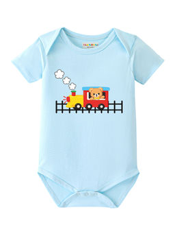 BLUSHES - Cotton Knit Half Sleeve Running Train Printed Onesies - Aqua