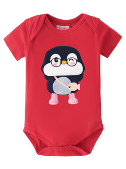 BLUSHES - Cotton Knit Half Sleeve Penguin Printed Onesies - Red