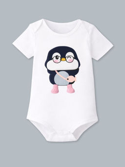 BLUSHES - Cotton Knit Half Sleeve Penguin Printed Onesies - White