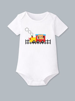BLUSHES - Cotton Knit Half Sleeve Running Train Printed Onesies - White