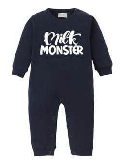BLUSHES - Cotton Knit Full Sleeve Typography Romper - Navy Blue