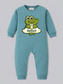 BLUSHES - Cotton Knit Full Sleeve Typography Romper - Green