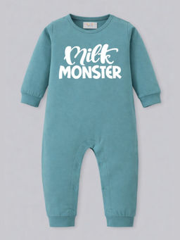 BLUSHES - Cotton Knit Full Sleeve Typography Romper - Green