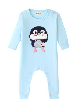 BLUSHES - Cotton Knit Full Sleeve Penguin Printed Romper - Aqua