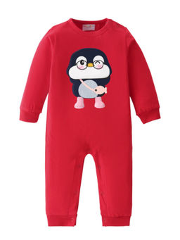 BLUSHES - Cotton Knit Full Sleeve Penguin Printed Romper - Red