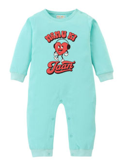 BLUSHES - Cotton Knit Full Sleeve Typography Printed Romper - Green