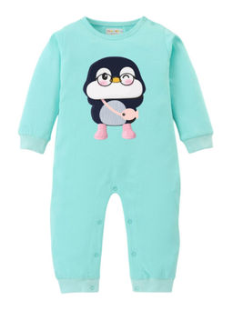 BLUSHES - Cotton Knit Full Sleeve Penguin Printed Romper - Green