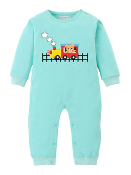 BLUSHES - Cotton Knit Full Sleeve Running Train Printed Romper - Green